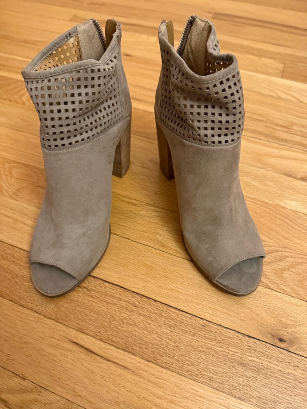 Women's Taupe Suede Peep-Toe Cutout Booties